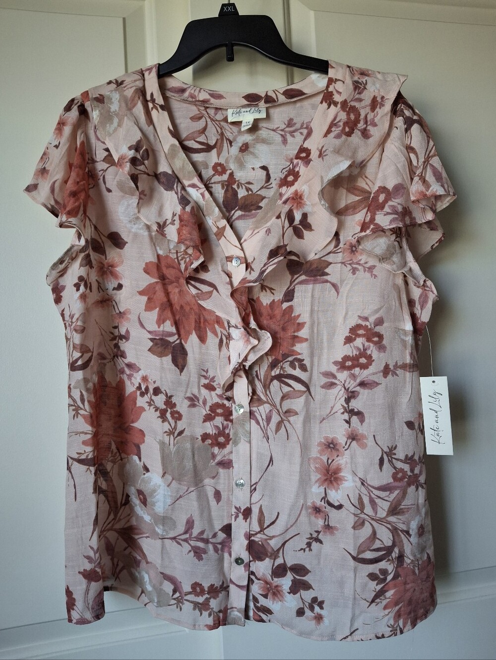 Kate And Lily Floral Ruffle Short-Sleeve Blouse - Blush Rose Size 1X NWT